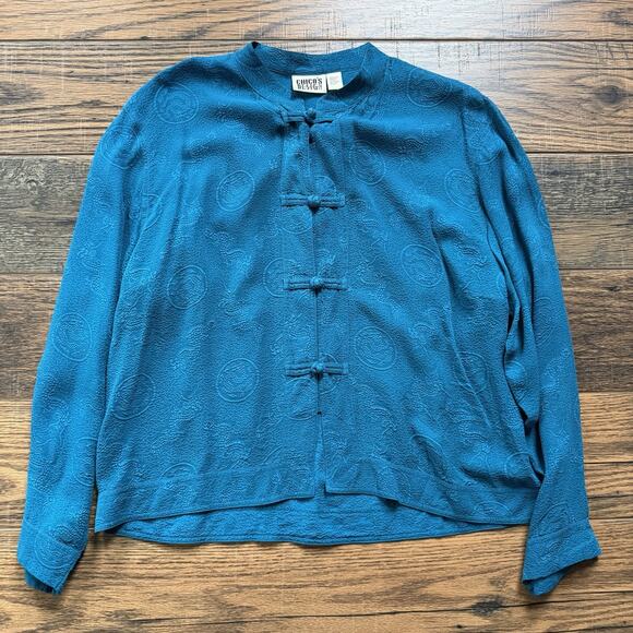 Vintage Chico’s Design 100% Silk Mandarin Collar Dragon Button Shirt Teal Sz 2 - Picture 1 of 6
